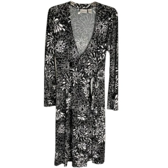 Chico's Wrap Floral L/S Midi Dress - Black/White - 1/US 8-10 - Picture 1 of 8